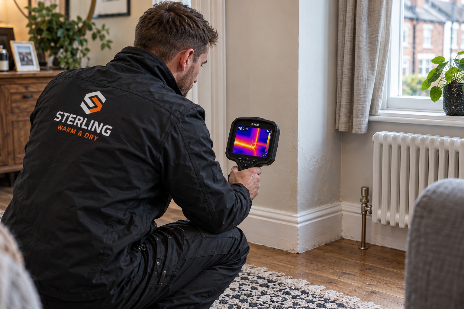 Engineer using a thermal imaging camera during a Sterling investigation